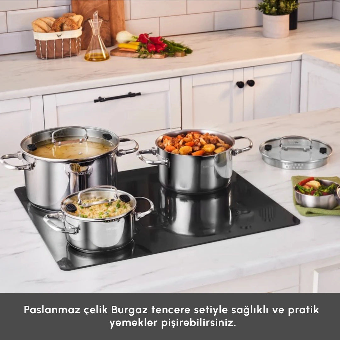 Karaca Burgaz – 8 dele Stålgrydesæt med Foldbare Håndtag