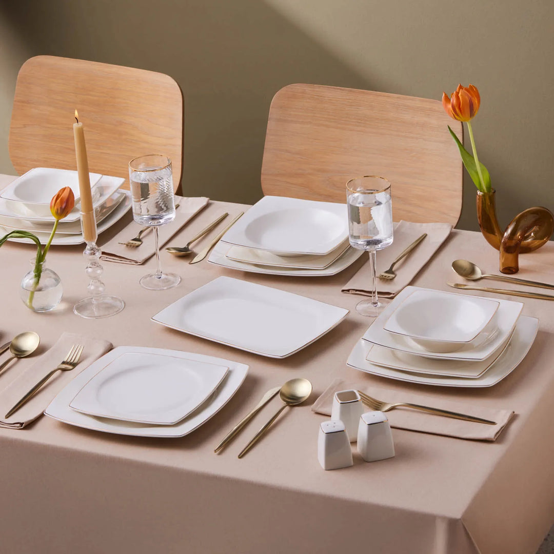 Karaca Square Bone - Jamie Tallerkensæt - 53 Dele | 12 Personer | Hvid/Guld