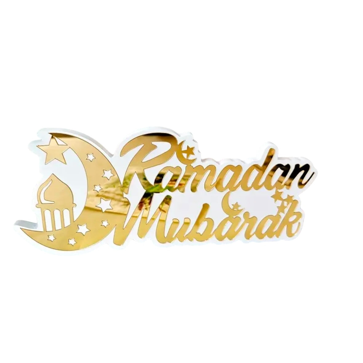 Ramadan Mubarak Skilt i Elegant Guld og Hvid Design - 29,5 x 13 cm