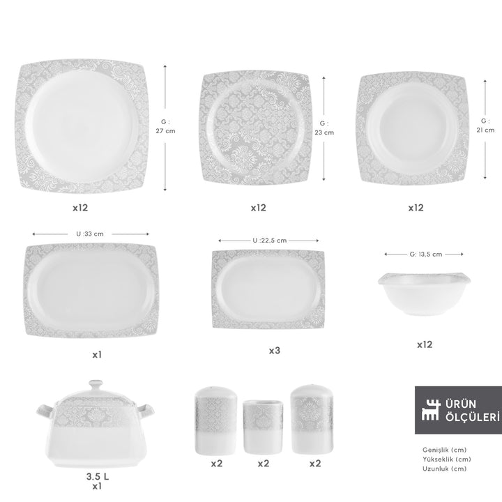 Karaca Square Bone - Bridal Tallerkensæt - 60 Dele | 12 Personer | Hvid/mønstret