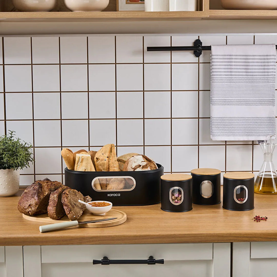 Karaca Premium Brødkasse Sæt med Bambuslåg – Inkl. Gratis Opbevaringskrukke Sort
