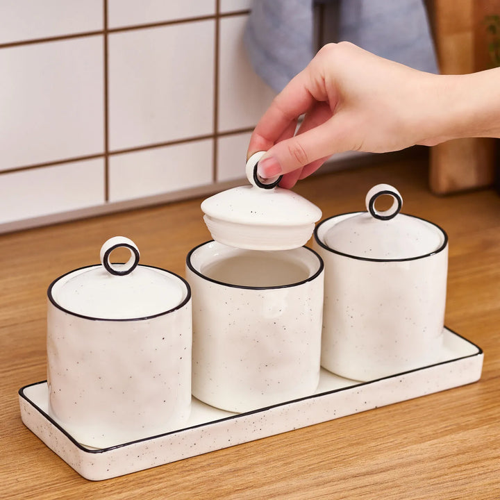 Karaca Lina Line Krydderisæt m/Holder – 7 dele - Porcelæn - Hvid/Sort - 375 ml