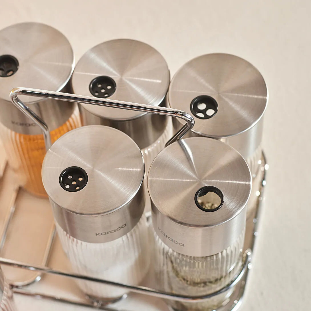 Karaca Ripple Inox Krydderisæt – 13 Dele i Glas & Rustfrit Stål