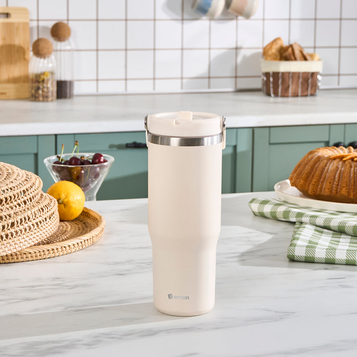 Emsan - Star Ice Termokande med sugerør - 900 ml | cremefarvet