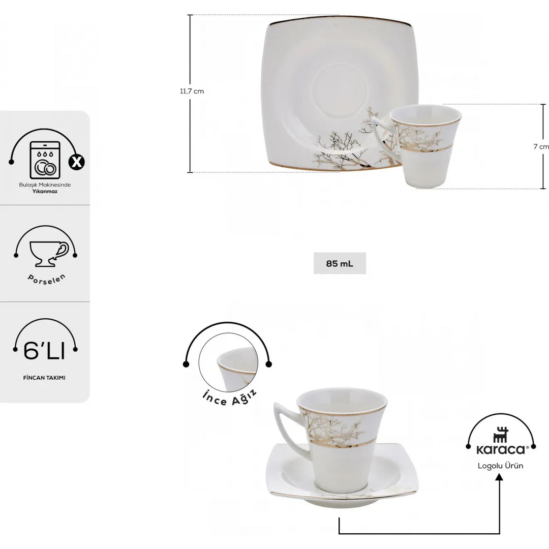 Karaca Autumn Espresso Kaffesæt til 6 personer – 85 ml - Hvid/Guld
