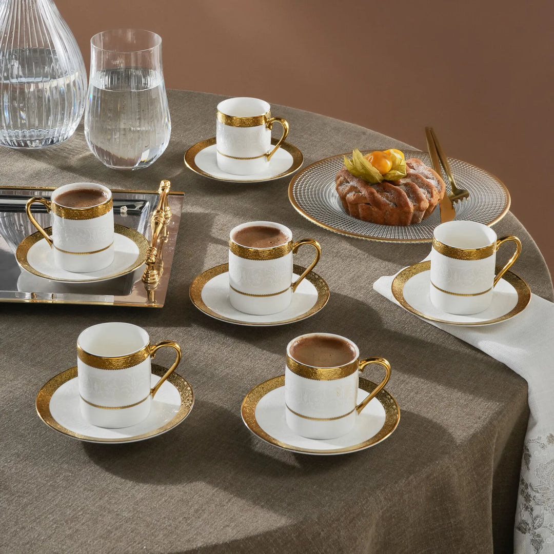 Karaca Royal Bone Victoria Kaffekopsæt - 6 Pers. - 90 ml - Hvid/Guld