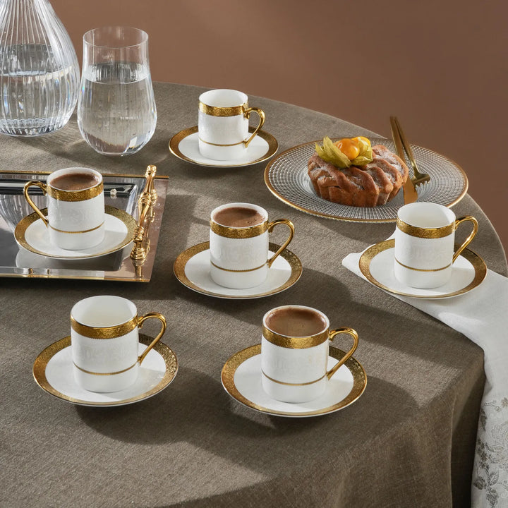 Karaca Royal Bone Victoria Kaffekopsæt - 6 Pers. - 90 ml - Hvid/Guld
