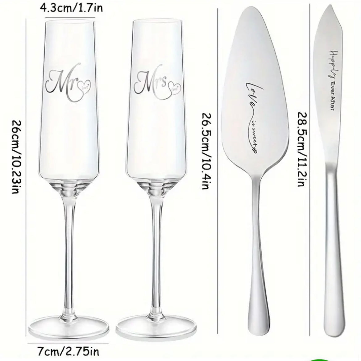 Bryllups Champagneglas- og Kagesæt m/Indgravering | 4 Dele | 175 ml. | Sølv