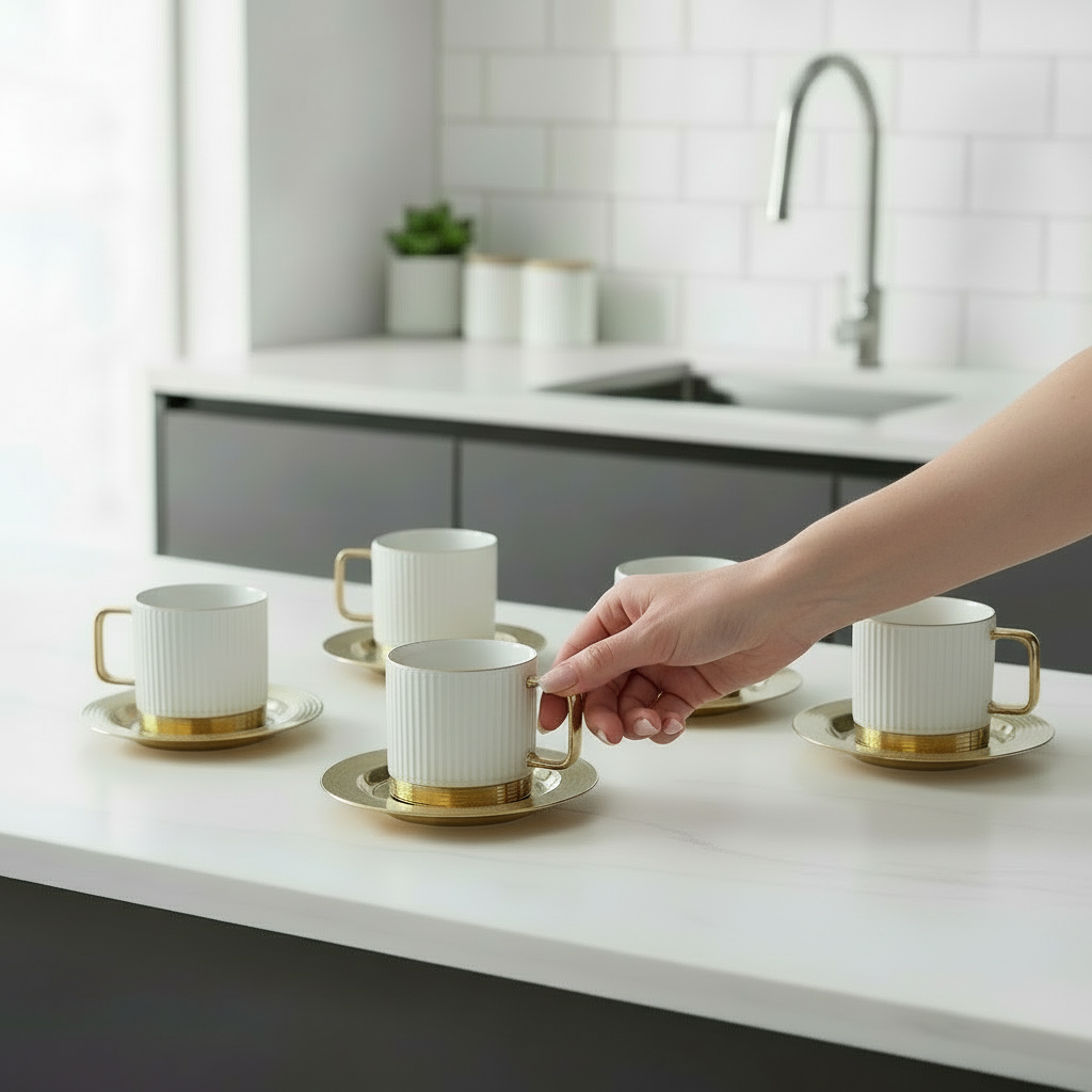 Porcelæn/Metal Kaffekoppesæt 12 dele | Stribet Hvid/Guld