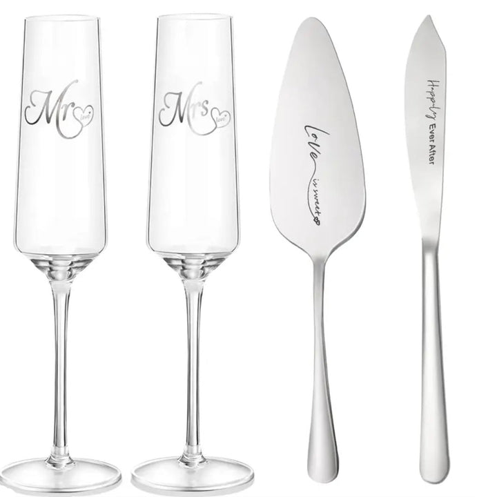Bryllups Champagneglas- og Kagesæt m/Indgravering | 4 Dele | 175 ml. | Sølv