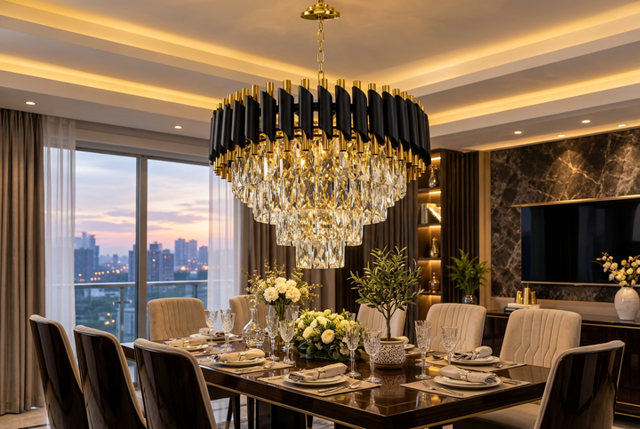 Luxury Living - Elegant Loftlampe med Krystaller – Sort &amp; Guld | 50 cm