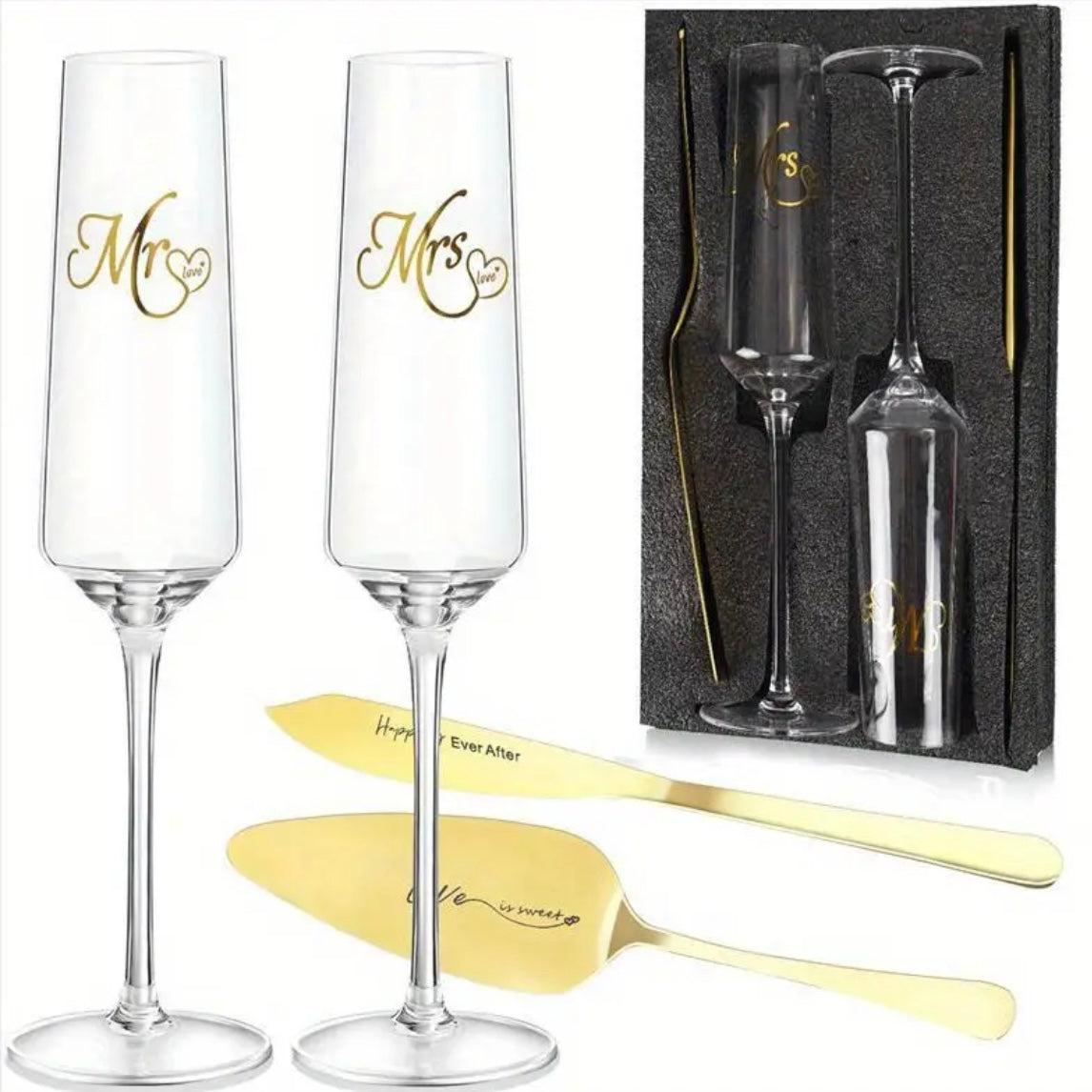 Bryllups Champagneglas- og Kagesæt m/Indgravering | 4 Dele | 175 ml. | Guld