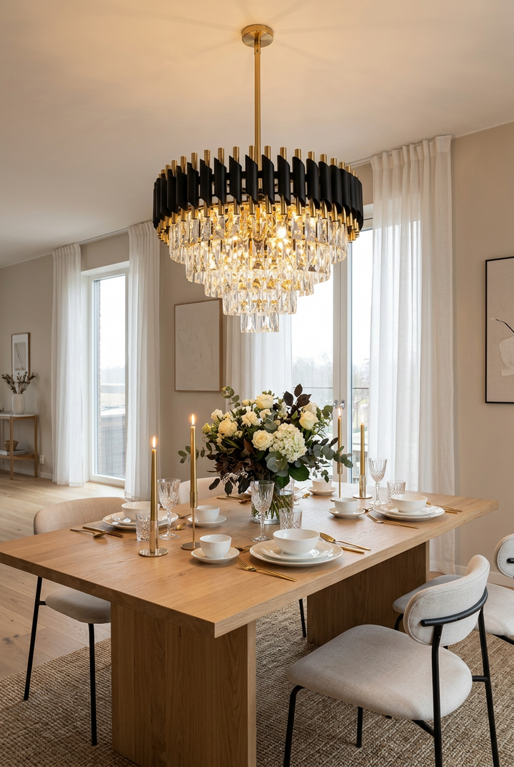 Elegant Loftlampe med Krystaller – Sort &amp; Guld | 60 cm
