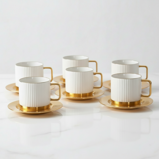 Porcelæn/Metal Kaffekoppesæt 12 dele | Stribet Hvid/Guld