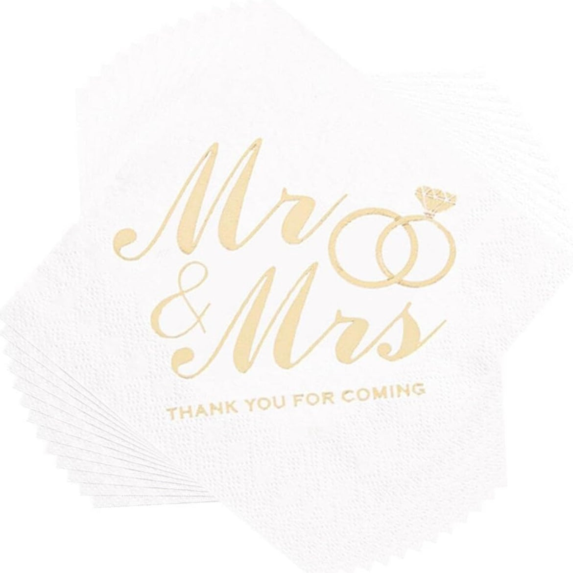 Bryllupsservietter 100 stk. 13x13 cm - Mr & Mrs - Hvid/Guld