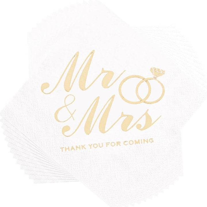 Bryllupsservietter 100 stk. 13x13 cm - Mr & Mrs - Hvid/Guld
