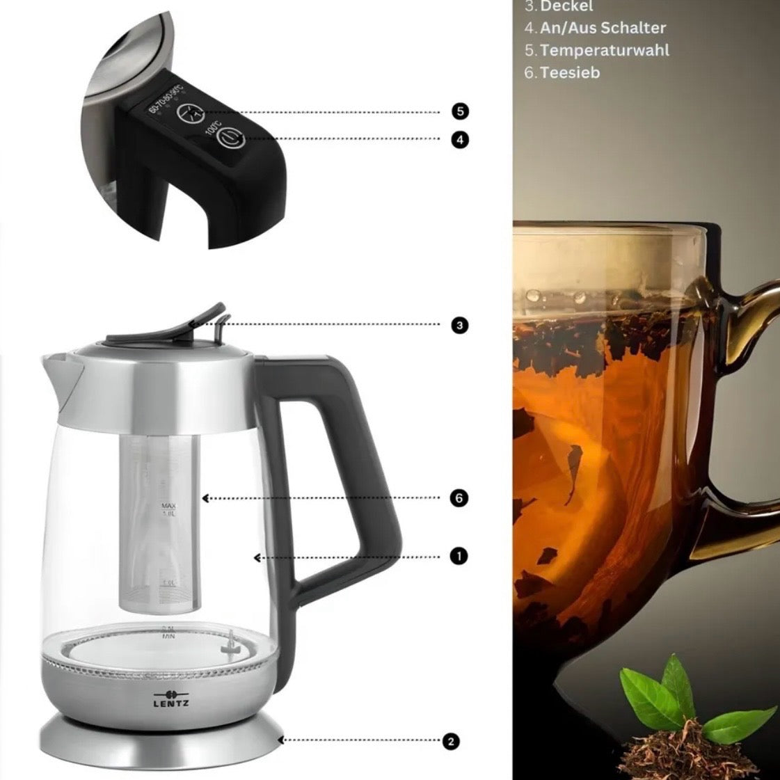 Glas Elkedel 1,8 L. m/Tesi 2200 W Sølv - Lentz
