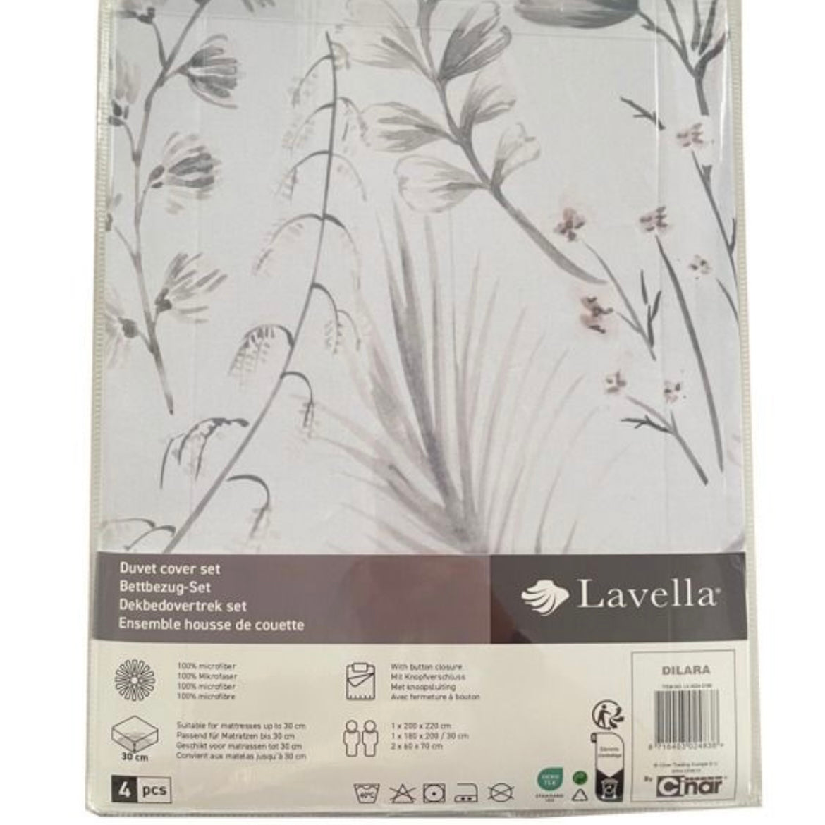 Lavella Dilara Sengetøj Sæt 4 Dele | 180x200 cm | 200x220 cm | Hvid/Grå