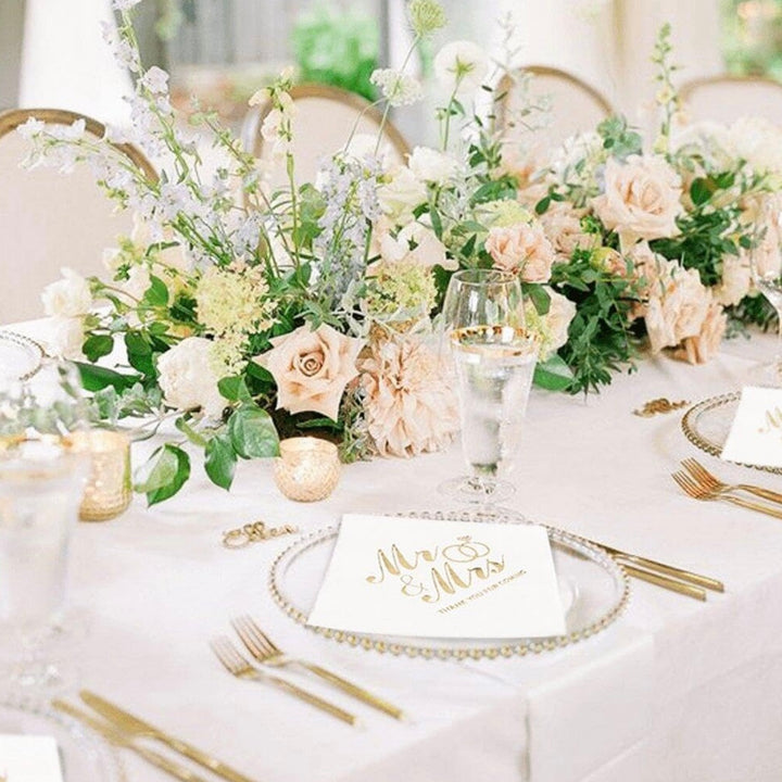 Bryllupsservietter 100 stk. 13x13 cm - Mr & Mrs - Hvid/Guld