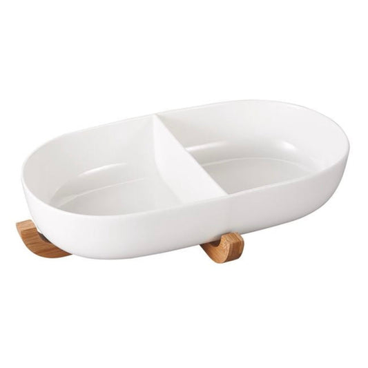 Bricard Loire 2-delt Serveringsskål med Stand | Hvid/Bambus – 40,4 x 22 x 7,7 cm