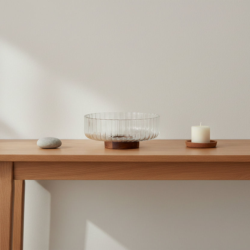 Almina - Luana Bowl Grande glasskål på træfod – Ø25 cm / Glas/akacietræ / Klar/brun