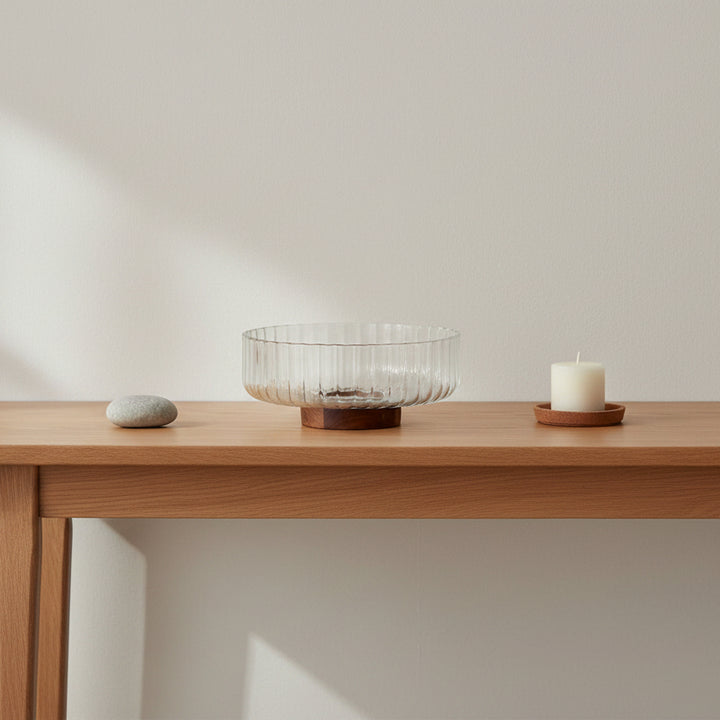 Almina - Luana Bowl Grande glasskål på træfod – Ø25 cm / Glas/akacietræ / Klar/brun