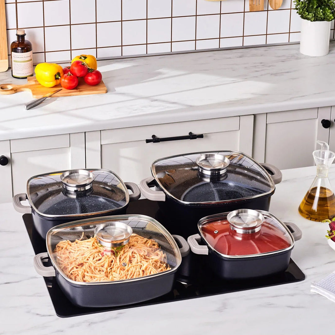 Karaca - BioDiamond Soneva Induktion Grydesæt – Non stick | Støbejern | Kvadratisk | Sort | 8 dele