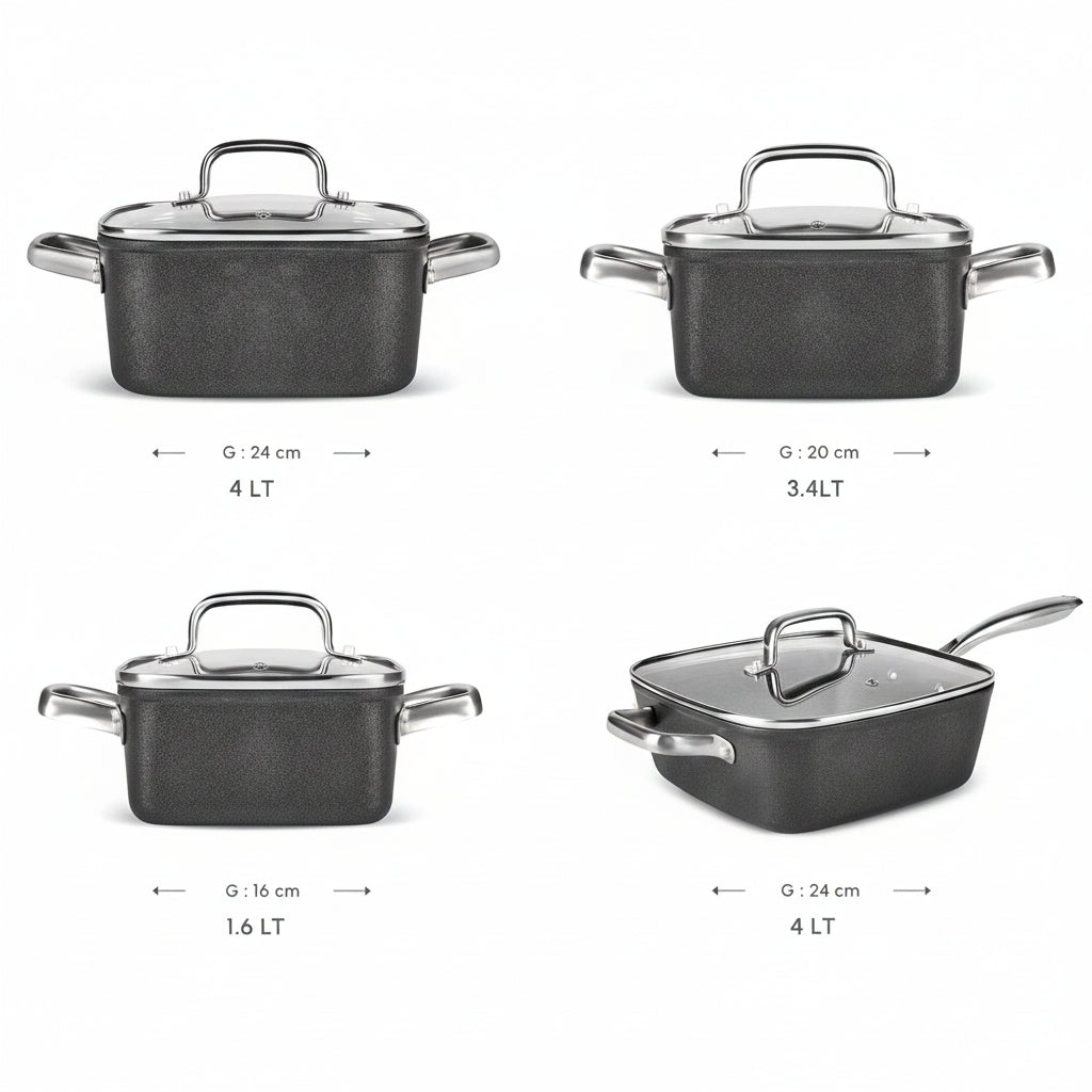 Karaca - BioDiamond Master Quattro Induktion Grydesæt – Non stick | Kvadratisk | Sort | 8 dele