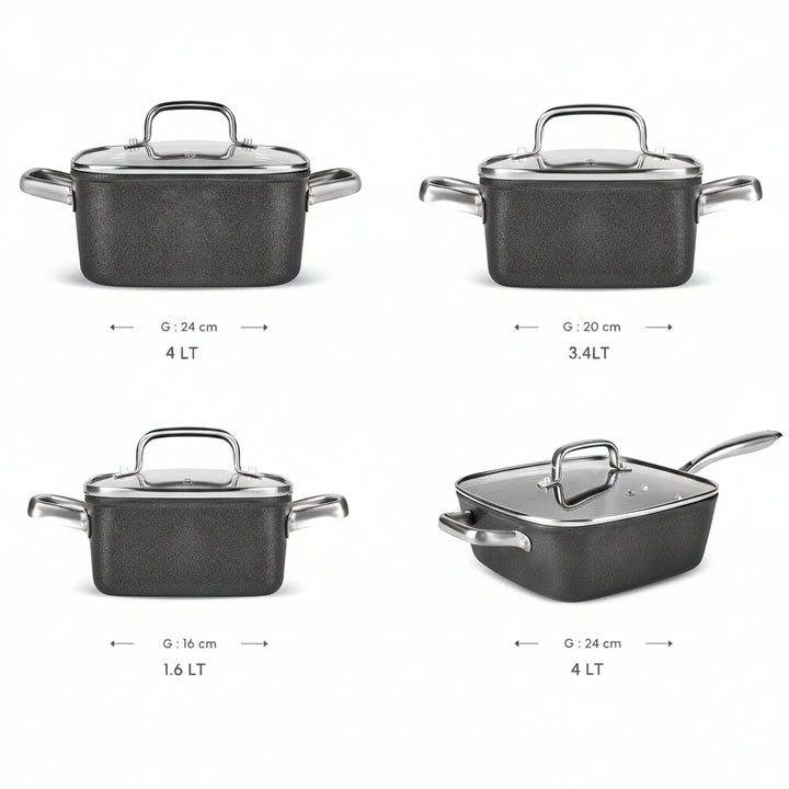 Karaca - BioDiamond Master Quattro Induktion Grydesæt – Non stick | Kvadratisk | Sort | 8 dele
