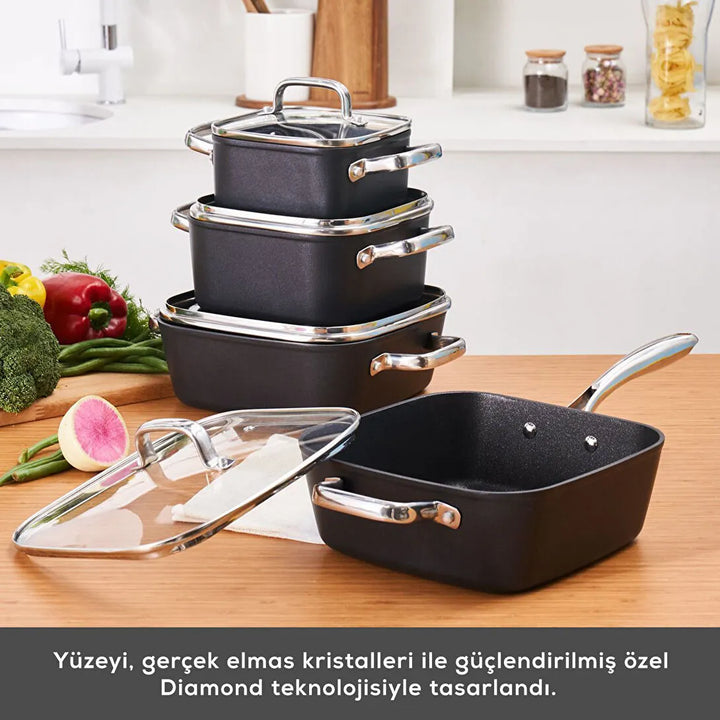 Karaca - BioDiamond Master Quattro Induktion Grydesæt – Non stick | Kvadratisk | Sort | 8 dele