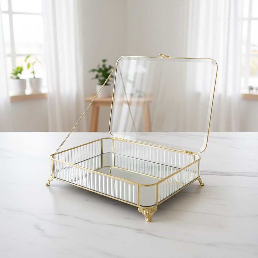 Almina - Elegance dekorativ opbevaringsboks – 35 × 25 × 8 cm | Glas/metal | Transparent/guld