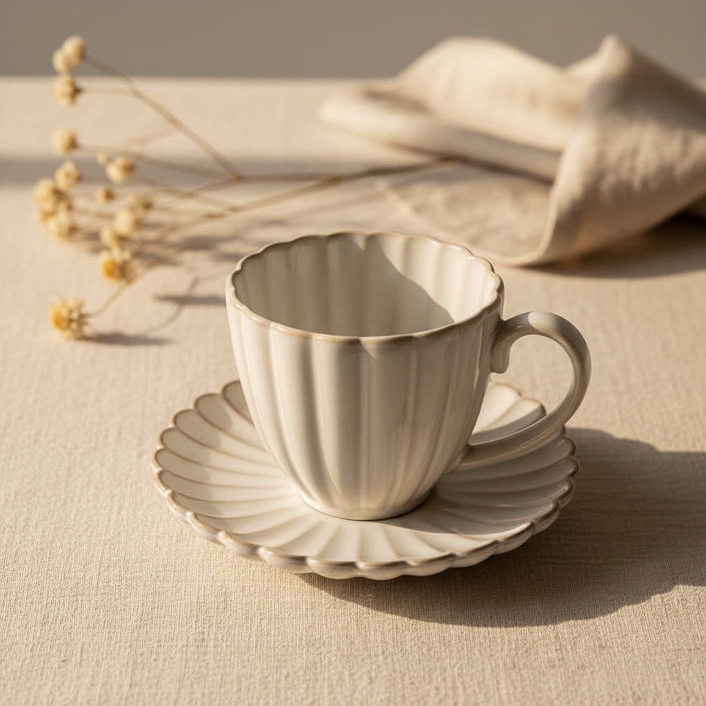 Bricard Paris White - Porcelæn Kaffekopsæt - 4 dele | 2 personer | 275 ml | Råhvid/beige