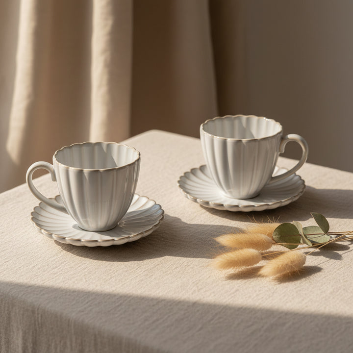 Bricard Paris White - Porcelæn Kaffekopsæt - 4 dele | 2 personer | 275 ml | Råhvid/beige