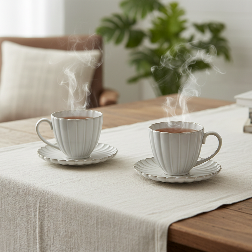 Bricard Paris White - Porcelæn Kaffekopsæt - 4 dele | 2 personer | 275 ml | Råhvid/beige