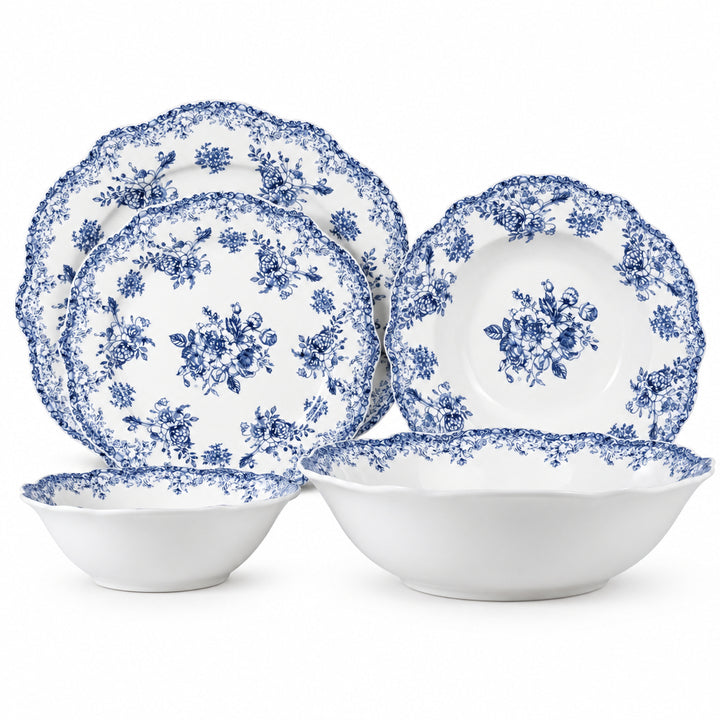 Almina Botanica - Porcelæn tallerkensæt - 25 Dele | 6 Personer | Safirblå