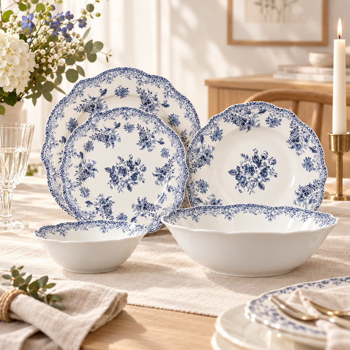 Almina Botanica - Porcelæn tallerkensæt - 25 Dele | 6 Personer | Safirblå
