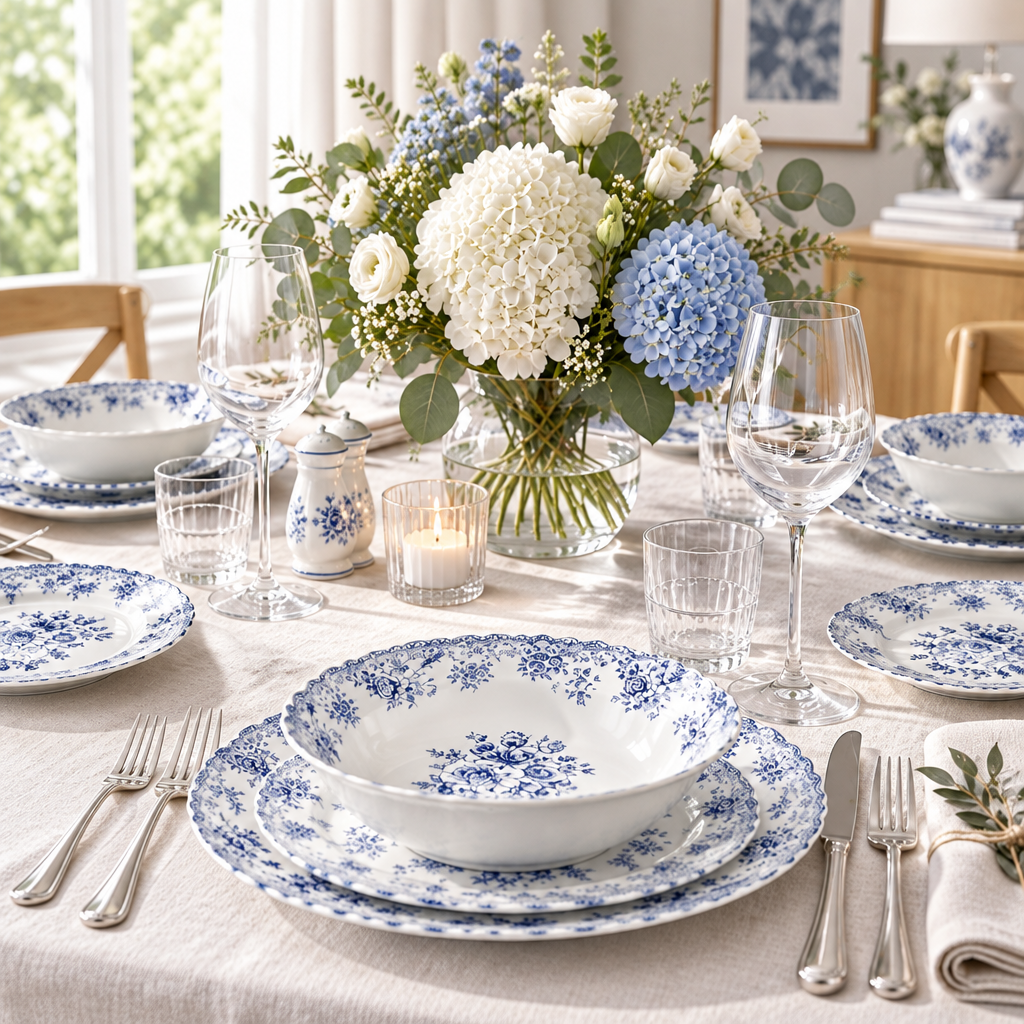 Almina Botanica - Porcelæn tallerkensæt - 25 Dele | 6 Personer | Safirblå