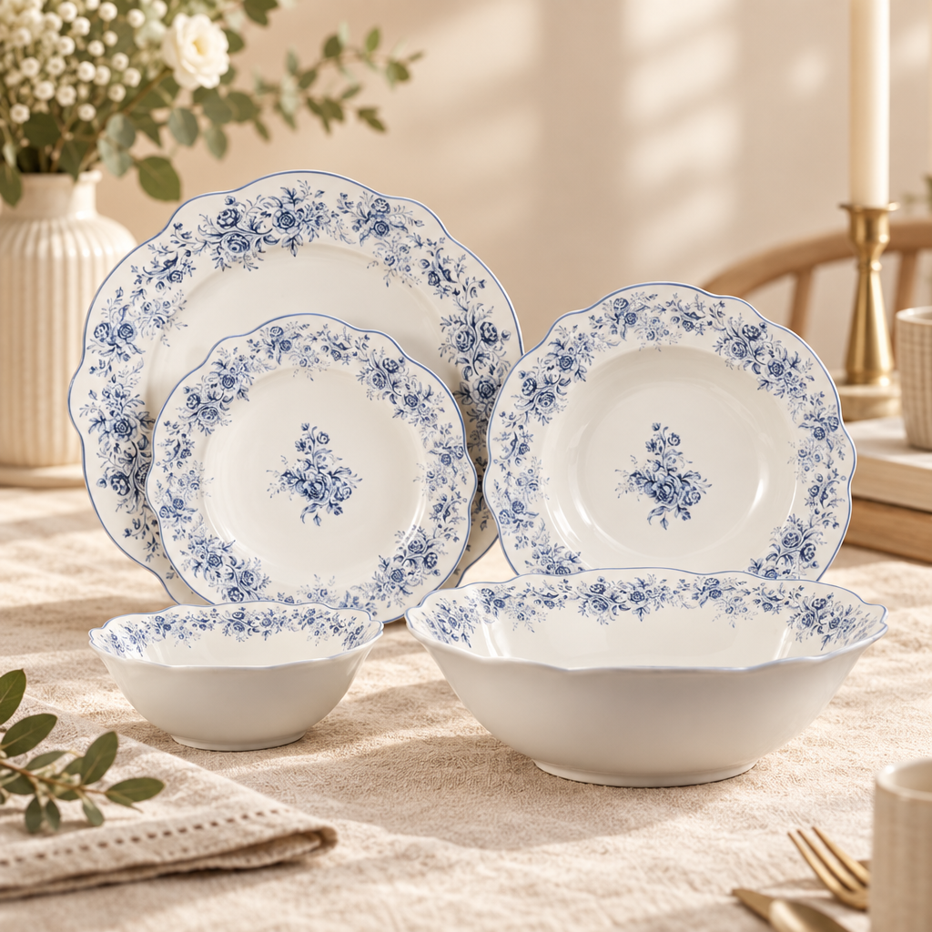 Almina Rosemont - Porcelæn tallerkensæt - 25 Dele | 6 Personer | Safirblå