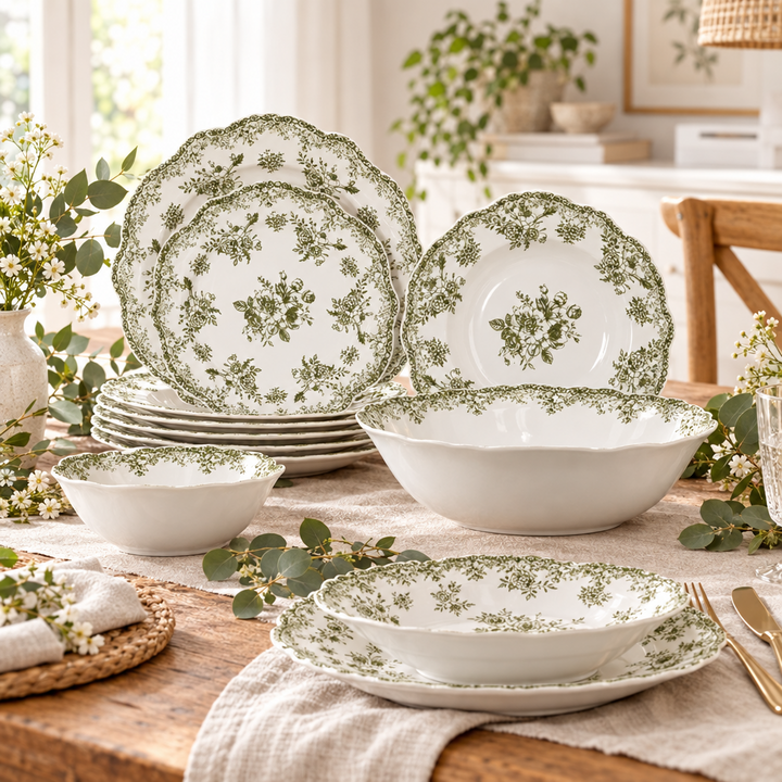 Almina Botanica - Porcelæn tallerkensæt - 25 Dele | 6 Personer | Olivengrøn