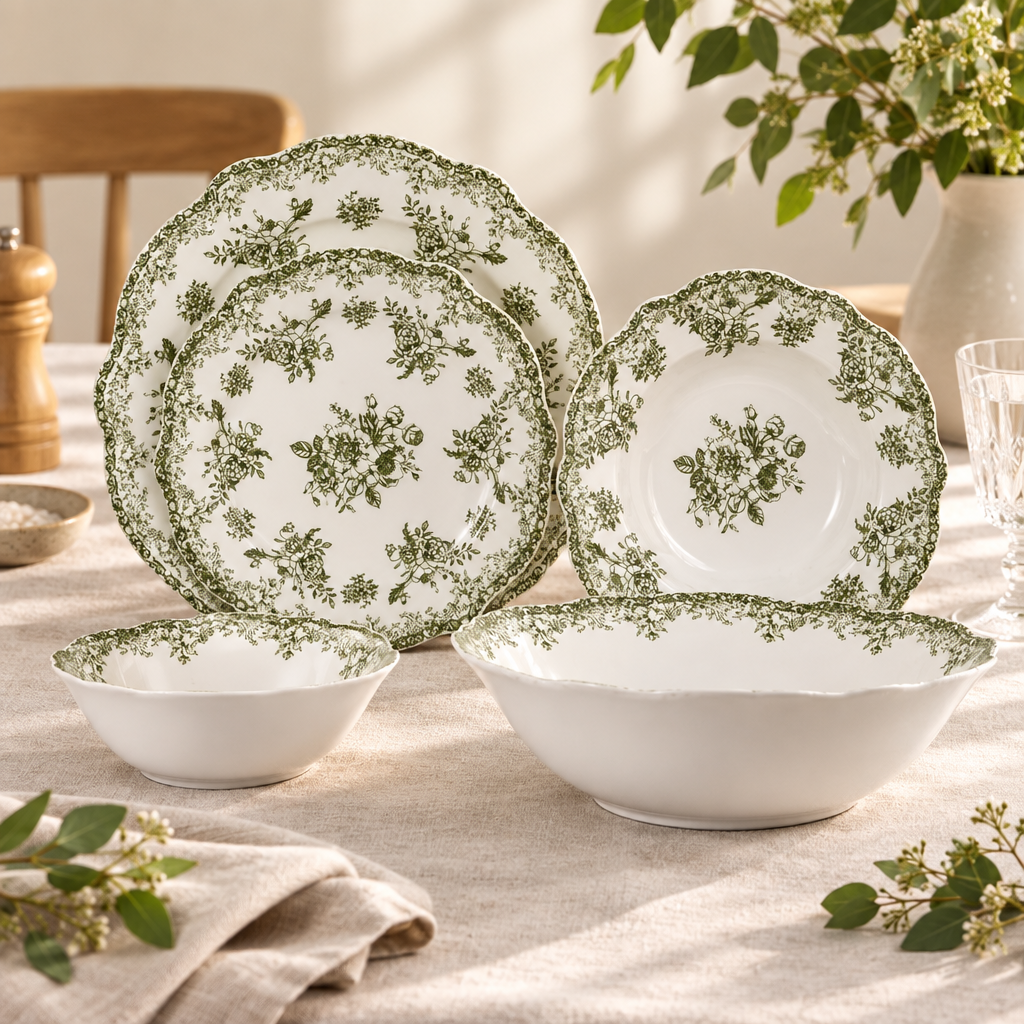 Almina Botanica - Porcelæn tallerkensæt - 25 Dele | 6 Personer | Olivengrøn