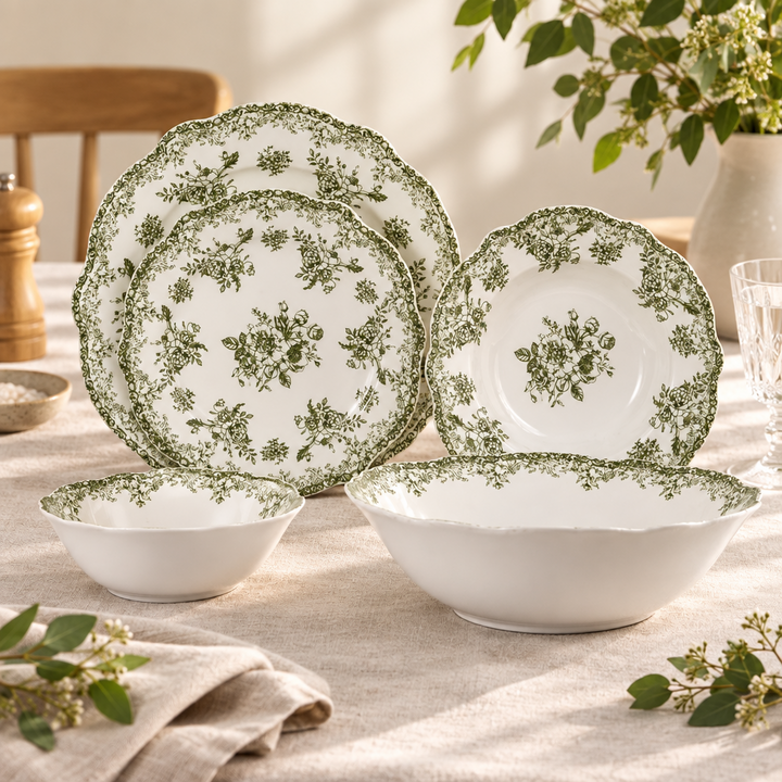 Almina Botanica - Porcelæn tallerkensæt - 25 Dele | 6 Personer | Olivengrøn