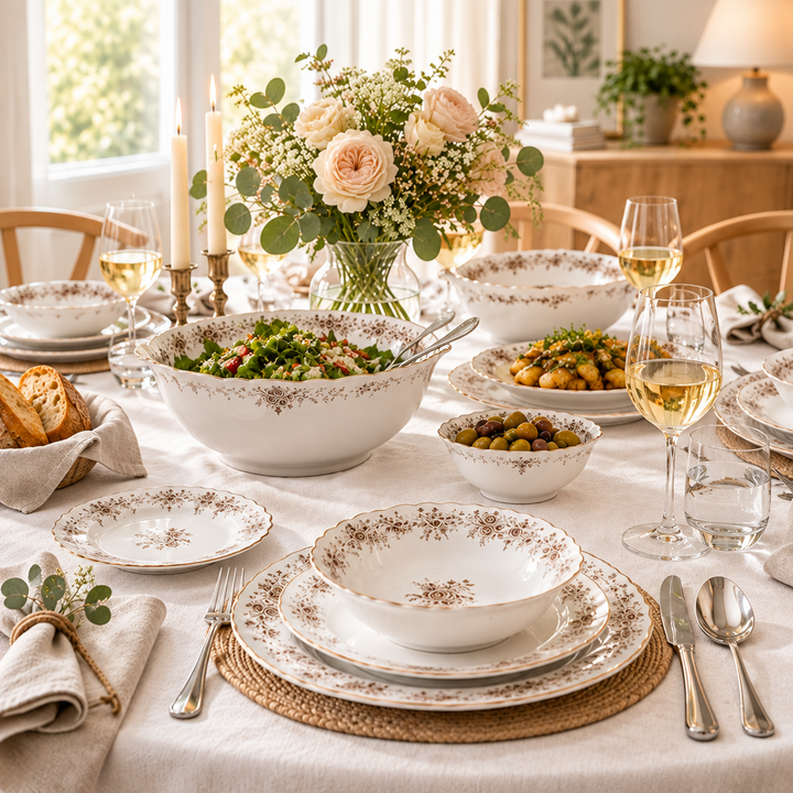 Almina Rosemont - Porcelæn tallerkensæt - 25 Dele | 6 Personer | Mokkabrun