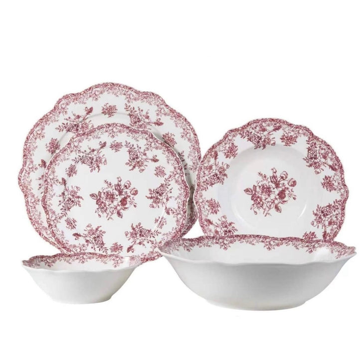 Almina Botanica - Porcelæn tallerkensæt - 25 Dele | 6 Personer | Velourrød