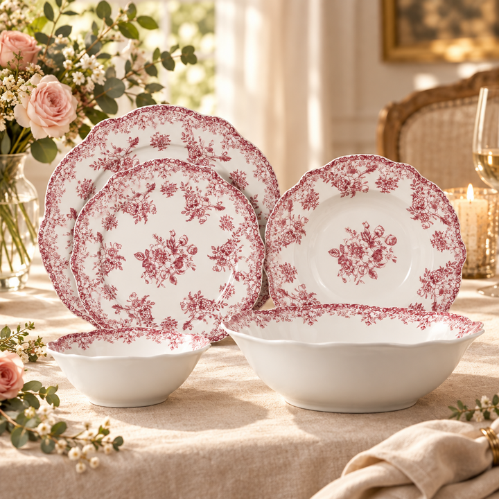 Almina Botanica - Porcelæn tallerkensæt - 25 Dele | 6 Personer | Velourrød