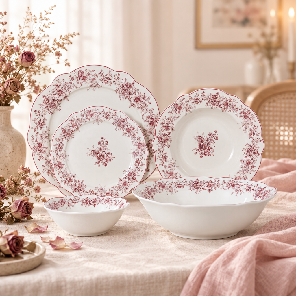 Almina Rosemont - Porcelæn tallerkensæt - 25 Dele | 6 Personer | Velourrød