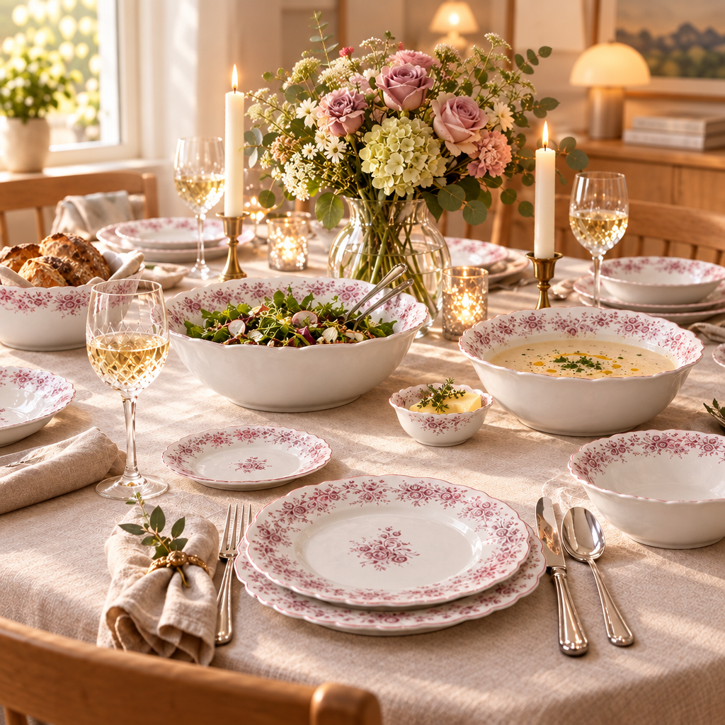 Almina Rosemont - Porcelæn tallerkensæt - 25 Dele | 6 Personer | Velourrød
