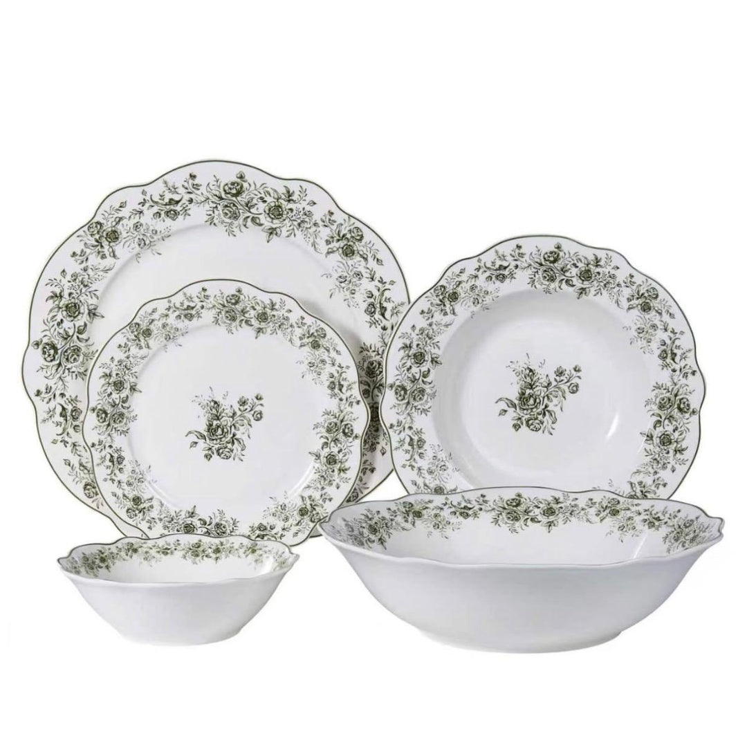 Almina Rosemont - Porcelæn tallerkensæt - 25 Dele | 6 Personer | Olivengrøn