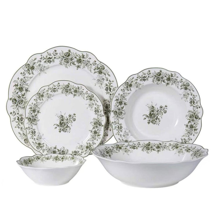 Almina Rosemont - Porcelæn tallerkensæt - 25 Dele | 6 Personer | Olivengrøn