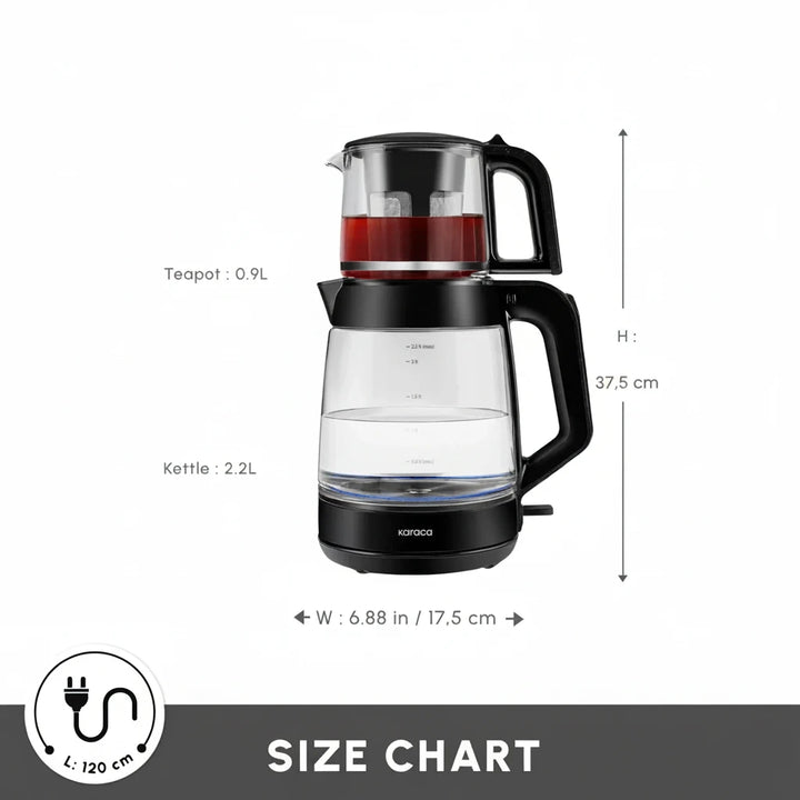 Karaca - Glass Tea XL 2 i 1 Glastemaskine – 3,1 liter | Sort | 1900W