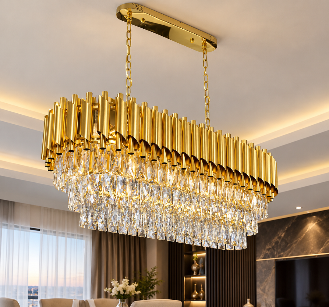 Elegant Guld Loftlampe med Krystaller | 80 cm